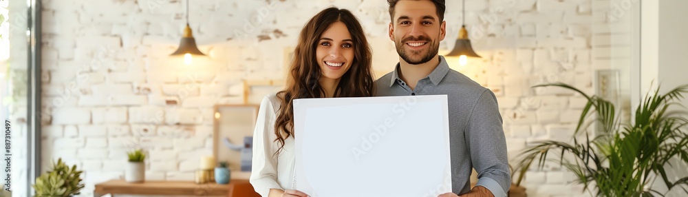 A young couple is holding a blank sign. They are smiling and looking at the camera. The sign is perfect for adding your own message. A young couple is holding a blank sign. They are smiling and looking at the camera. The sign is perfect for adding your own message.