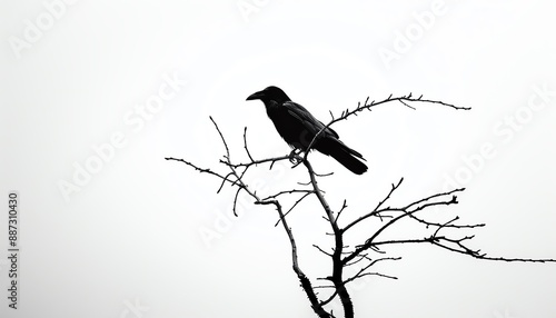 A lone crow sits on a barren branch against a white foggy backdrop.