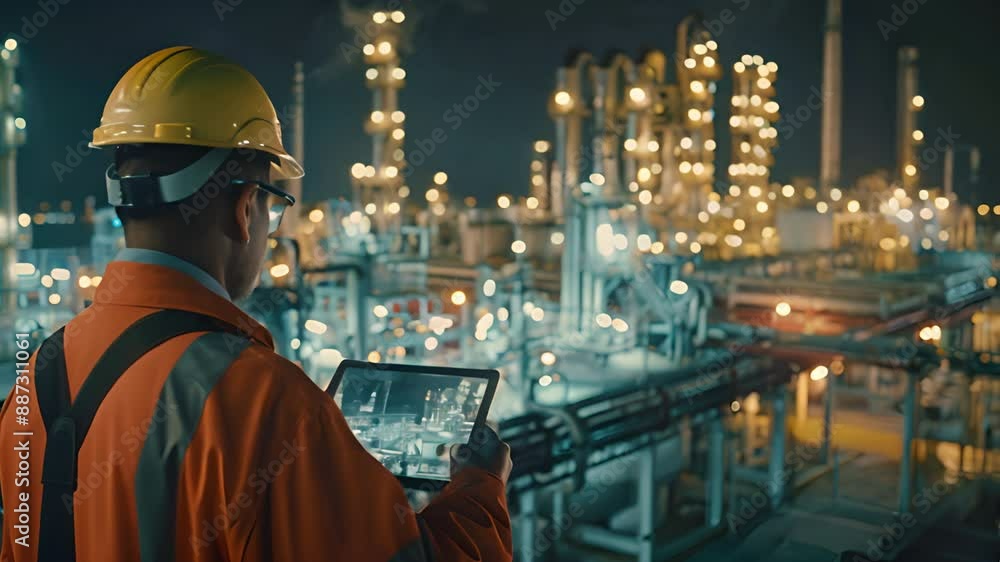 Serious handsome engineer using a laptop while working in the oil and gas industry Serious handsome engineer using a laptop while working in the oil and gas industry