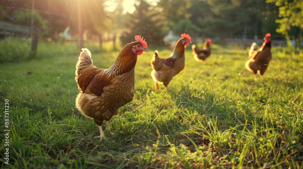 Fototapeta premium A group of brown hens stand in a lush green field, illuminated by the golden glow of the setting sun