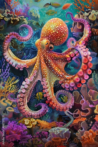 Wallpaper Mural An octopus with vibrant colors and patterns lurks among the coral and fish. Torontodigital.ca