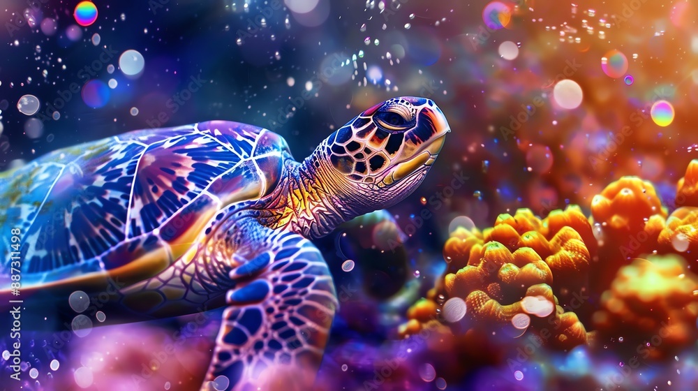 A beautiful and majestic sea turtle swims gracefully through a vibrant coral reef, surrounded by colorful fish and bubbles. A beautiful and majestic sea turtle swims gracefully through a vibrant coral reef, surrounded by colorful fish and bubbles.