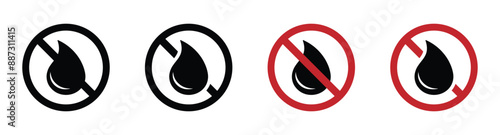 No water resistant, no waterproof warning sign, vector illustration. Don’t expose to liquids, no water drop vector icons