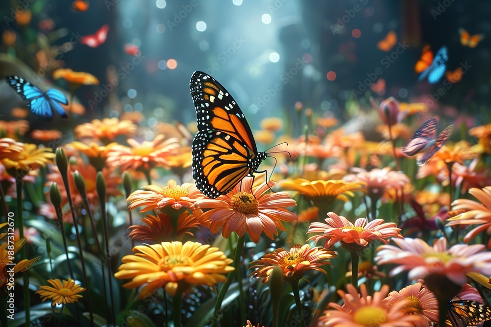 A butterfly is flying in a field of flowers A butterfly is flying in a field of flowers
