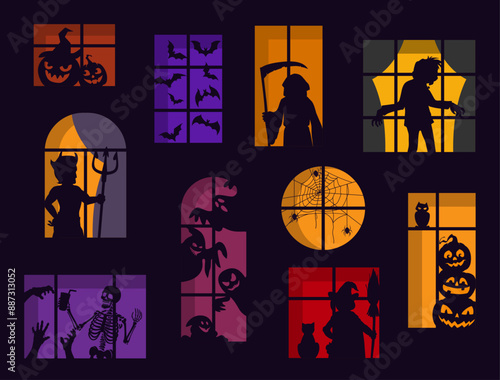 Halloween scary silhouettes in window for holiday horror night, vector cartoon background. Spooky pumpkin lantern, boo ghost and witch with zombie or skeletons and monster devil silhouette in window