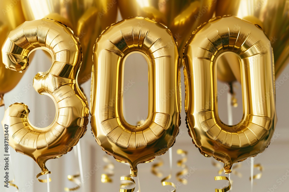large number of balloons are hanging from the ceiling, with the number 300 written in gold foil. The balloons are scattered around the room, creating a festive and celebratory atmosphere large number of balloons are hanging from the ceiling, with the number 300 written in gold foil. The balloons are scattered around the room, creating a festive and celebratory atmosphere
