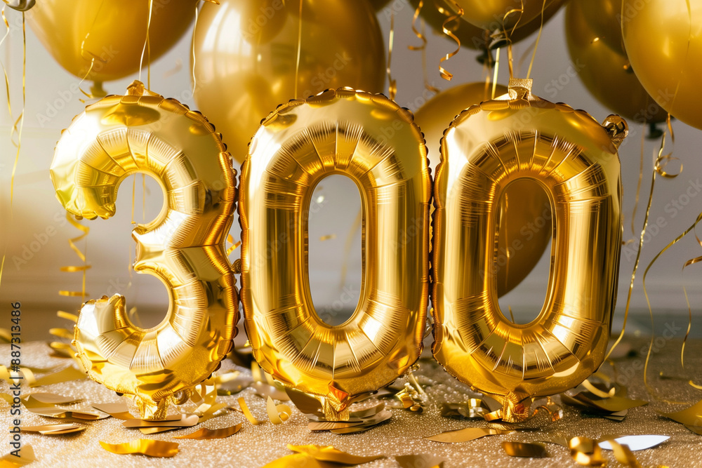 large number of balloons are hanging from the ceiling, with the number 300 written in gold foil. The balloons are scattered around the room, creating a festive and celebratory atmosphere large number of balloons are hanging from the ceiling, with the number 300 written in gold foil. The balloons are scattered around the room, creating a festive and celebratory atmosphere