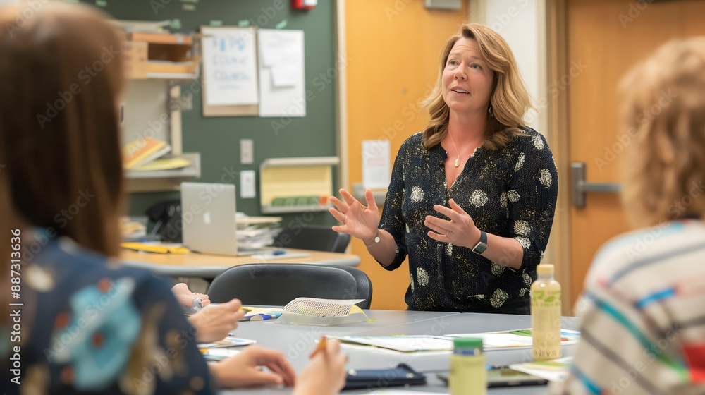 - A nonprofit manager leading a meeting with staff, with a focus on collaboration and leadership
