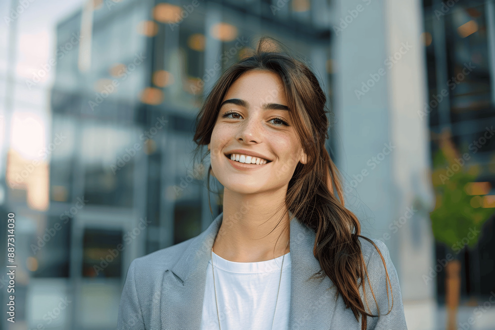 Smiling Business Woman in Grey Suit Walking Outside Modern Office Building, Feeling Happy and Confident After Successful Meeting Smiling Business Woman in Grey Suit Walking Outside Modern Office Building, Feeling Happy and Confident After Successful Meeting