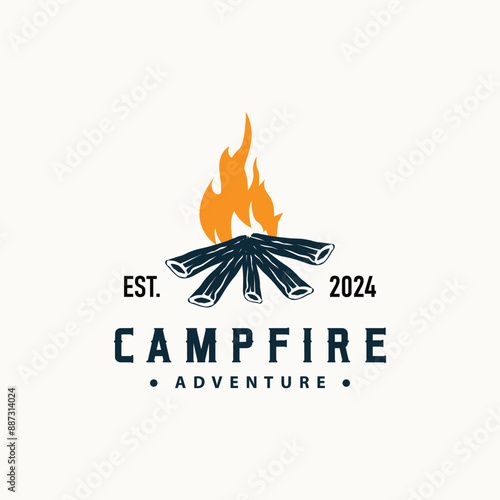 Design wood and fire, logo campfire bonfire vector camping adventure vintage illustration