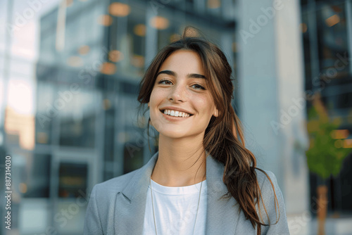 Smiling Business Woman in Grey Suit Walking Outside Modern Office Building, Feeling Happy and Confident After Successful Meeting