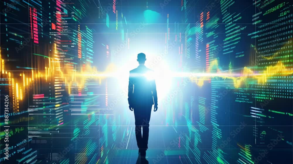 A silhouetted figure strides confidently towards a brilliant light within a digital corridor, surrounded by streams of code and data visualizations. A silhouetted figure strides confidently towards a brilliant light within a digital corridor, surrounded by streams of code and data visualizations.