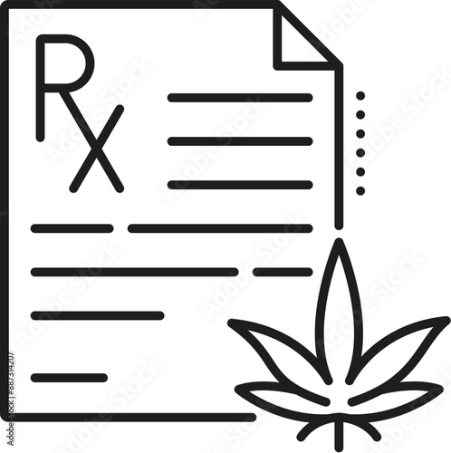 Cannabis prescription RX line icon for medical marijuana pills or CBD pharmaceutical drug, vector symbol. Weed CBD pills prescription icon for cannabis sativa treatment or medical marijuana therapy