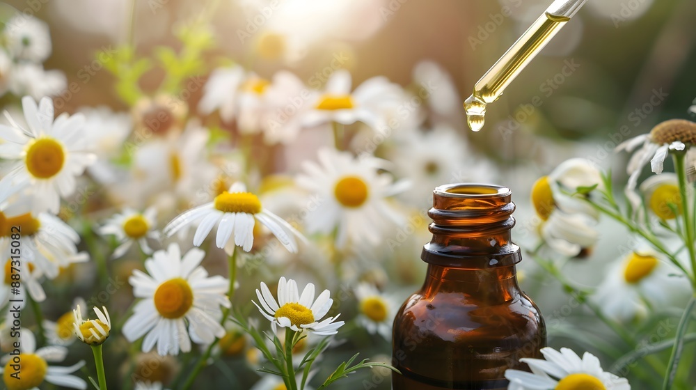 Dripping chamomile essential oil into bottle on blurred background. Dripping chamomile essential oil into bottle on blurred background.