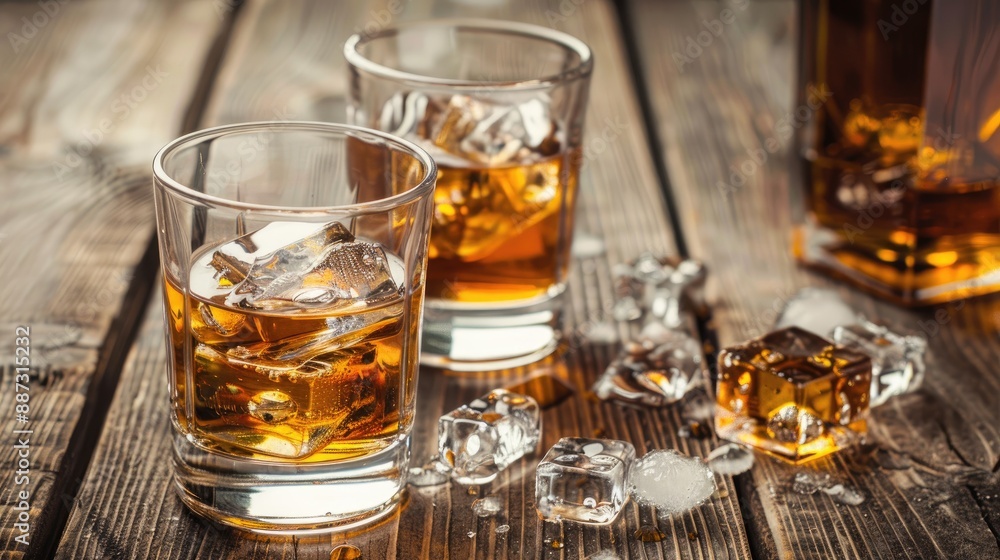 Whiskey served with ice in glasses on a rustic wooden backdrop Whiskey served with ice in glasses on a rustic wooden backdrop