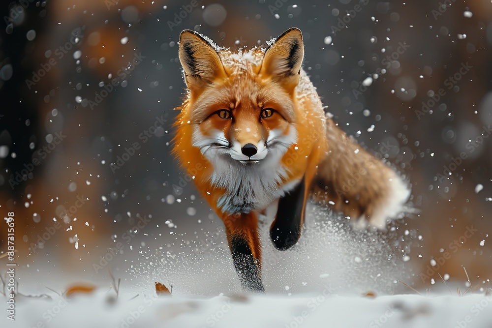 Fototapeta premium A fox is running through the snow, with its tail in the air