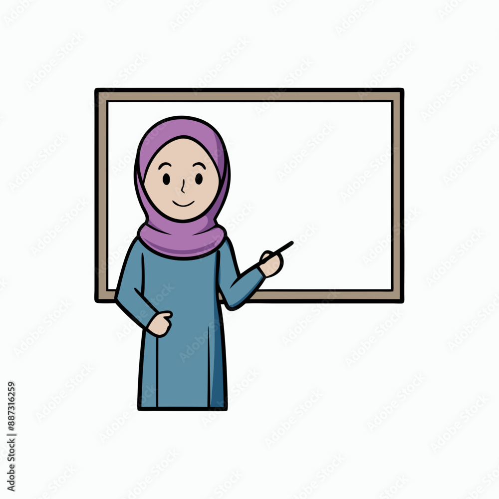 Teacher in hijab teaching on whiteboard vector art illustration