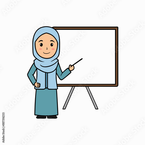 Teacher in hijab teaching on whiteboard vector art illustration