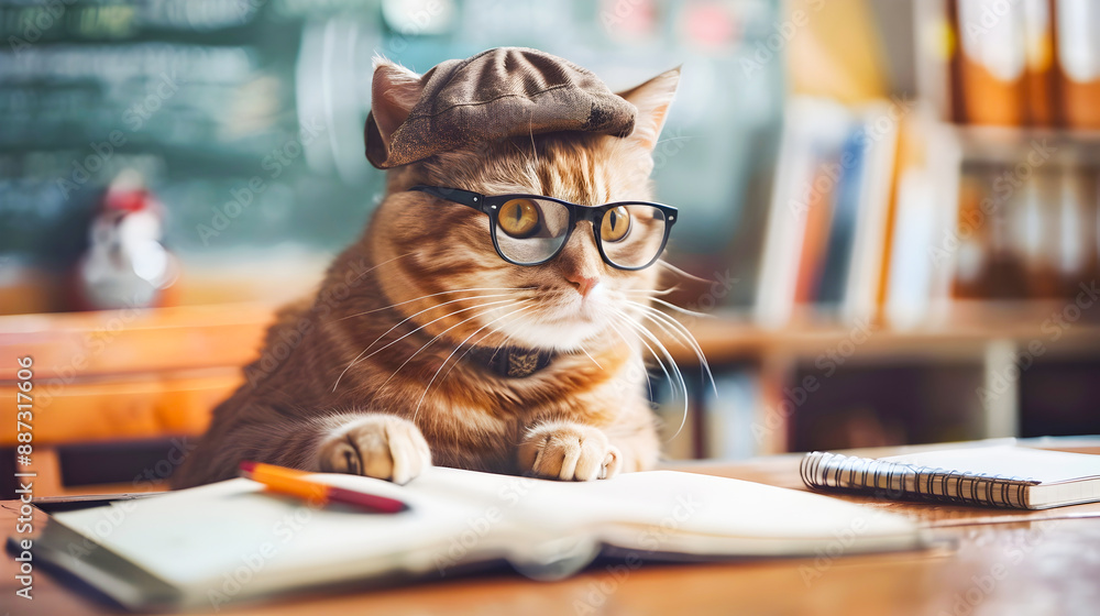 Adorable brown tabby cat with glasses intently studying and reading a book while sitting at a school desk in a cozy classroom setting showcasing a clever and studious pet animal Adorable brown tabby cat with glasses intently studying and reading a book while sitting at a school desk in a cozy classroom setting showcasing a clever and studious pet animal
