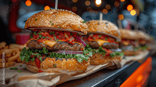 street food festival with burgers and chicken shawarma takeaway boxes under festival lights