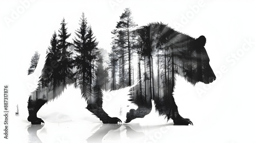 Striking black and white image of a powerful wild bear silhouette emerging from a dense mystical forest landscape  The graphic minimalist composition creates a bold atmospheric and moody visual