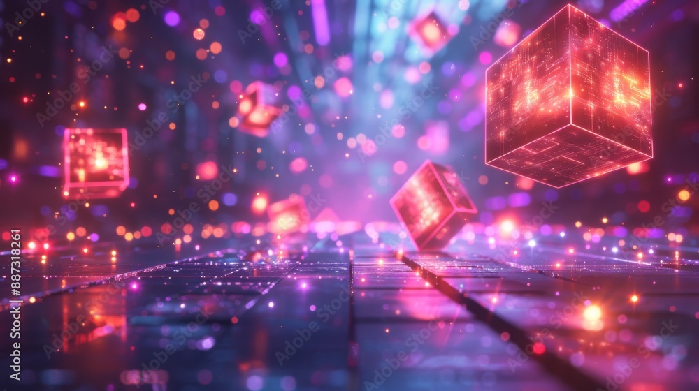 Futuristic holographic landscape with floating geometric shapes and shimmering neon lights Futuristic holographic landscape with floating geometric shapes and shimmering neon lights