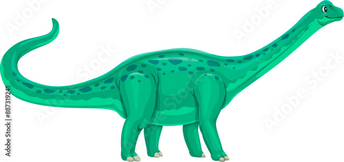 Cartoon antarctosaurus dinosaur character of giant dino animal. Vector prehistoric forest dinosaur with long neck, funny green spotted titanosaur lizard of jurassic period. Sauropod dino character