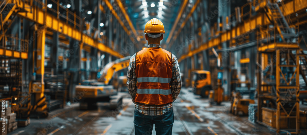 Fototapeta premium Engineer Controls Welding Robotic Arms in Automotive Factory Using Digital Technology and AI for Industry 4.0