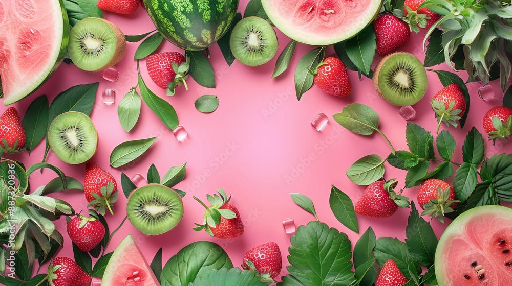 Watermelon, Kiwi, Strawberry, and Green Leaves on Pink Background. Watermelon, Kiwi, Strawberry, and Green Leaves on Pink Background.