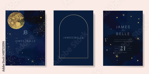 Navy Blue Luxury Wedding Invitation, start invite thank you, rsvp modern card Design in Night sky with  little star moon sun and space decorative Vector elegant rustic template