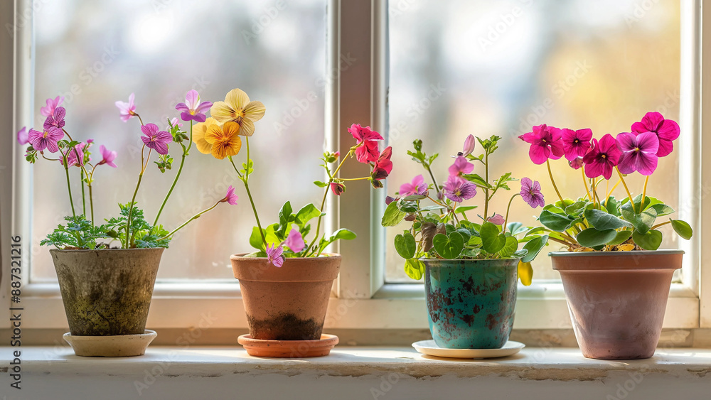 five different colored pansies are sitting on a window sill five different colored pansies are sitting on a window sill