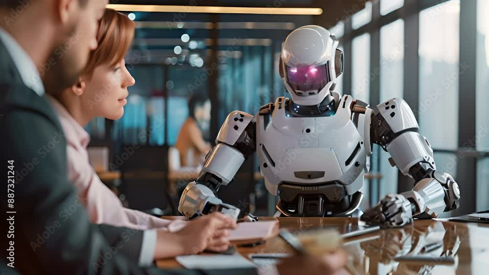 Humanoid robots teaching business people in the office Humanoid robots teaching business people in the office