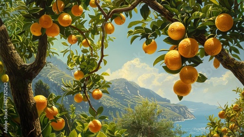 Lemon branches laden with fruit against a backdrop of Mediterranean lemon trees