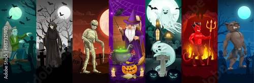 Halloween holiday characters. Vector collage with cartoon spooky monsters at horror night. vertical cards with scary zombie and mummy, grim reaper, werewolf, wizard, ghosts and devil at moony cemetery