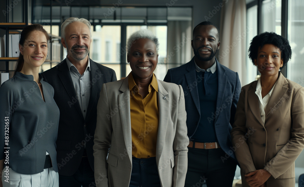 Smiling team of diverse businesspeople standing together in an office Smiling team of diverse businesspeople standing together in an office