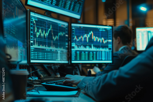 Stock market data on trader's monitors © DreamyStudio