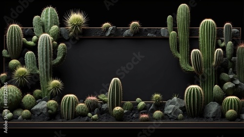 3D realistic cactus border frame black background empty space text