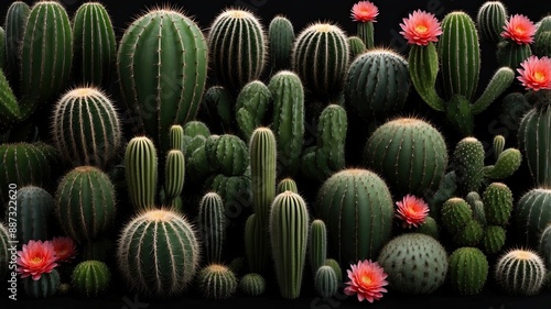 3D realistic cactus border frame black background empty space text