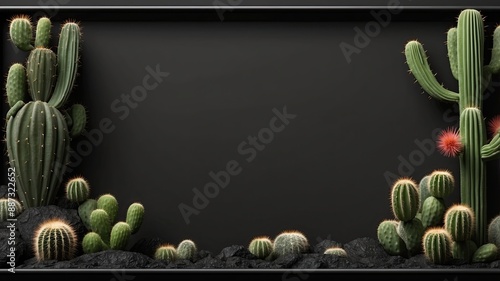 3D realistic cactus border frame black background empty space text