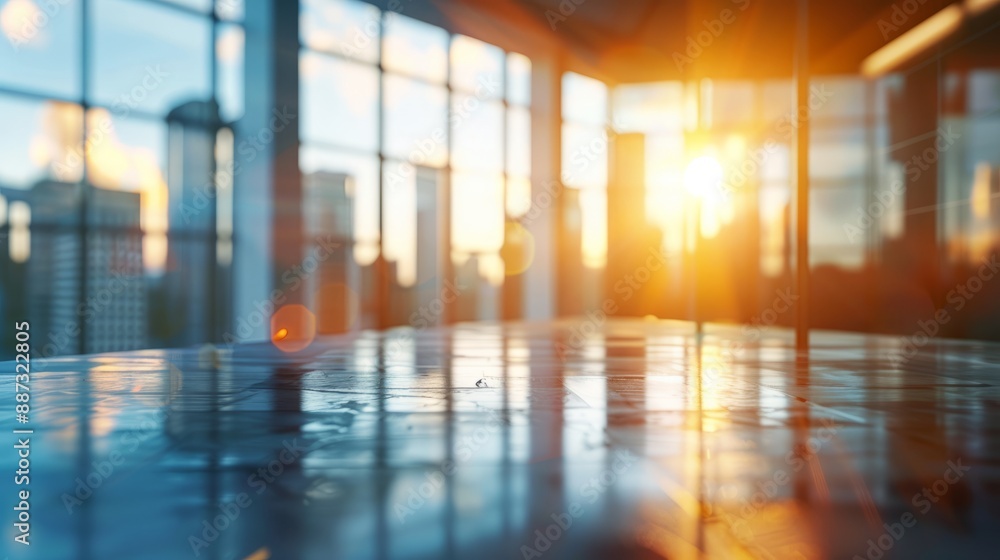 Modern business office environments blur the background, and the morning or evening sunlight reflects on the window glass Modern business office environments blur the background, and the morning or evening sunlight reflects on the window glass