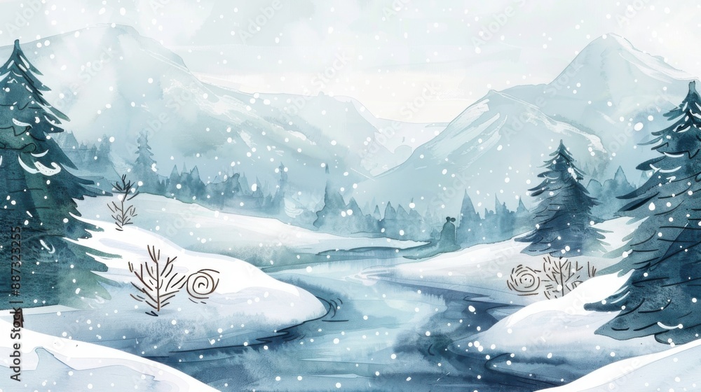 Scenic winter landscape with snow-covered mountains, pine trees, and a flowing river. Ideal for holiday and nature-themed projects. Scenic winter landscape with snow-covered mountains, pine trees, and a flowing river. Ideal for holiday and nature-themed projects.