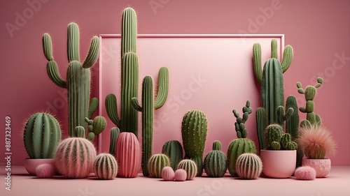 3D realistic cactus border frame pink background empty space text