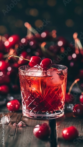 closeup of cherry infused cocktail on vodka in a glass photo