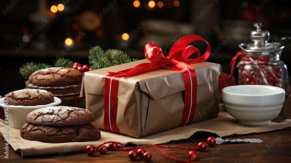 Hands wrapping a gift amidst holiday baking Hands wrapping a gift amidst holiday baking