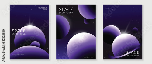 Planet and galaxy Space card vector set. Solar system with galaxy planets, asteroids, jupiter, saturn, mars, moon, ring line solar. Cosmic design for flyer, brochure, background, poster, cover.