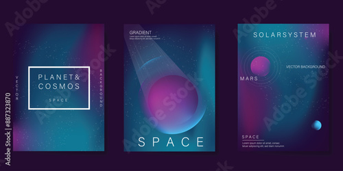 Planet and galaxy Space card vector set. Solar system with galaxy planets, asteroids, jupiter, saturn, mars, moon, ring line solar. Cosmic design for flyer, brochure, background, poster, cover.