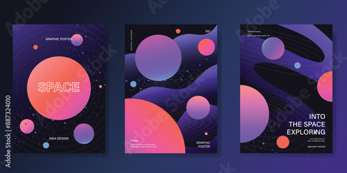 Planet and galaxy Space card vector set. Solar system with galaxy planets, asteroids, jupiter, saturn, mars, moon, ring line solar. Cosmic design for flyer, brochure, background, poster, cover.