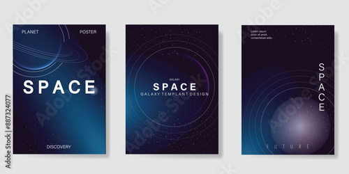 Planet and galaxy Space card vector set. Solar system with galaxy planets, asteroids, jupiter, saturn, mars, moon, ring line solar. Cosmic design for flyer, brochure, background, poster, cover.