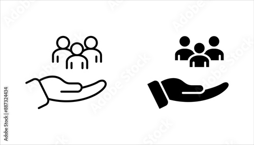 employees on human hand line icon vector illustration. An inclusive workplace on white background. color editable