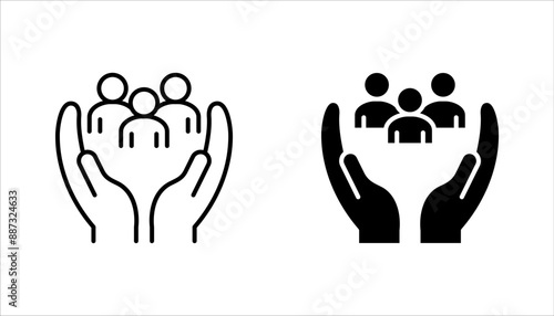 employees on human hand line icon vector illustration. An inclusive workplace on white background. color editable